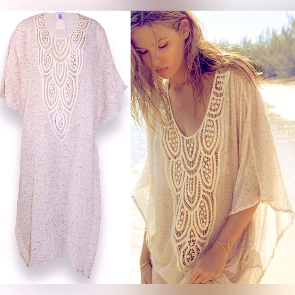 EBERJEY Swim Sand Waves Isadora Coverup Eyelet Kaftan Dress - 100% Cotton NEW - Picture 1 of 17